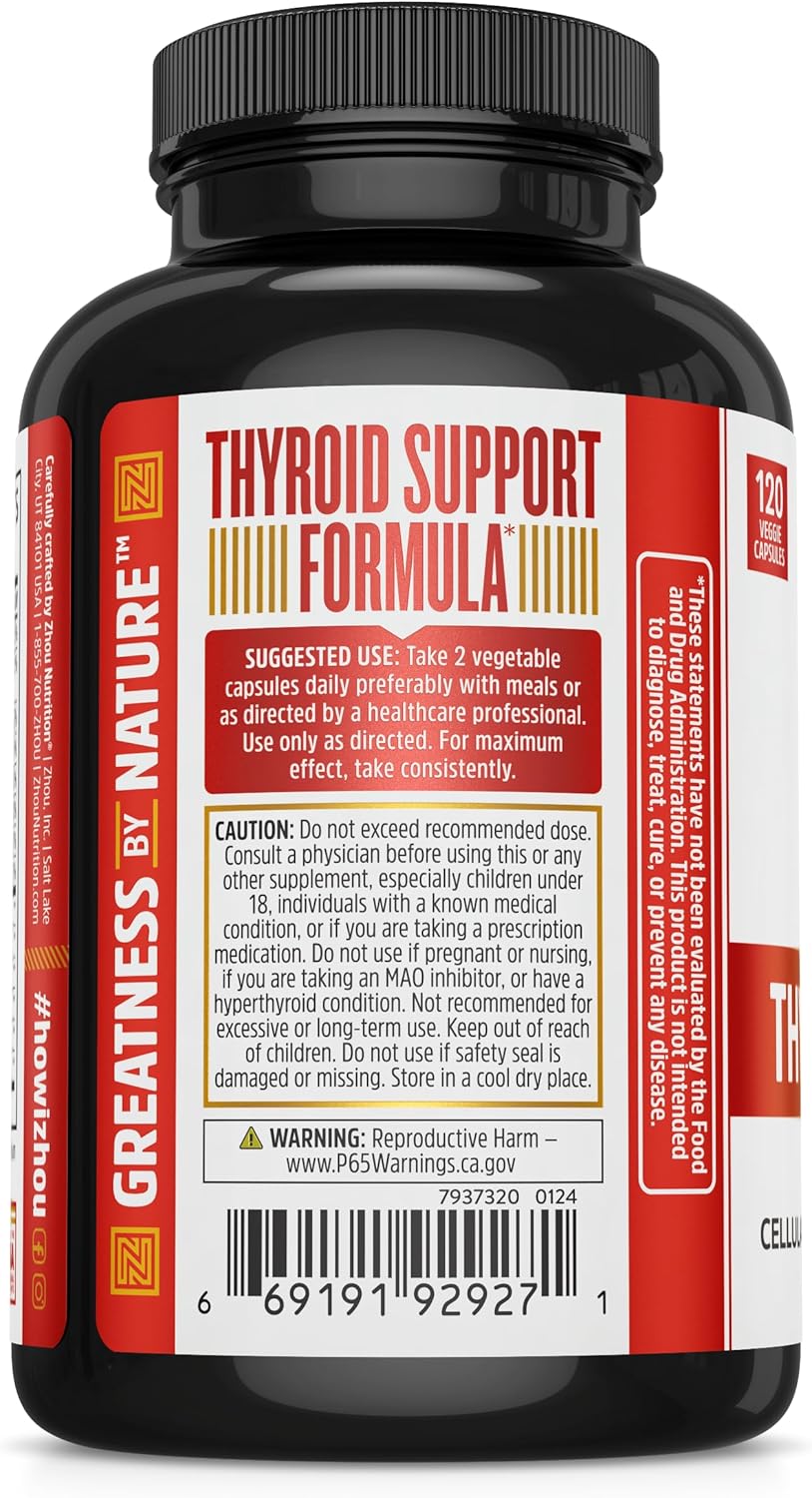Zhou Thyroid Support - Thyroid Supplement for Women & Men with Zinc, Iodine & Selenium, Metabolic Health Thyroid Complex, Antioxidant Support with Aswagandha & Kelp - 120 Veggie Capsules