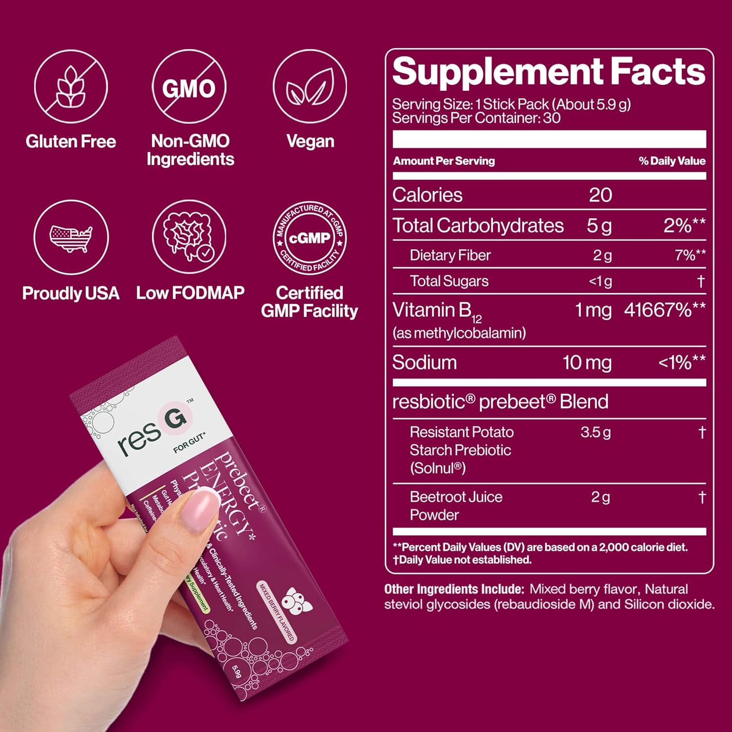 ResBiotic resG prebeet Prebiotic - Fiber Digestion Supplement, Drinkable GLP-1, Powder Packets for Women & Men, On The Go Gut Health Drink Mix, Gluten Free, Sugar Free - 15 Stick Packs