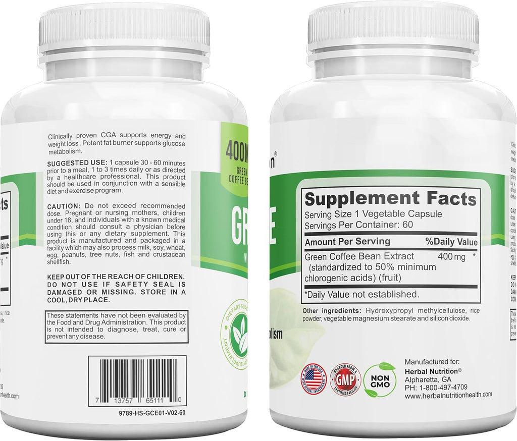 Herbal Nutrition BOGO Pure Green Coffee Bean Extract, Two Bottle Pack, 120 Capsules, Multi-Level Dosing 400mg - 1200mg Per Serving, 50% Chlorogenic Acid. Weight Loss & Cleanse Supplement