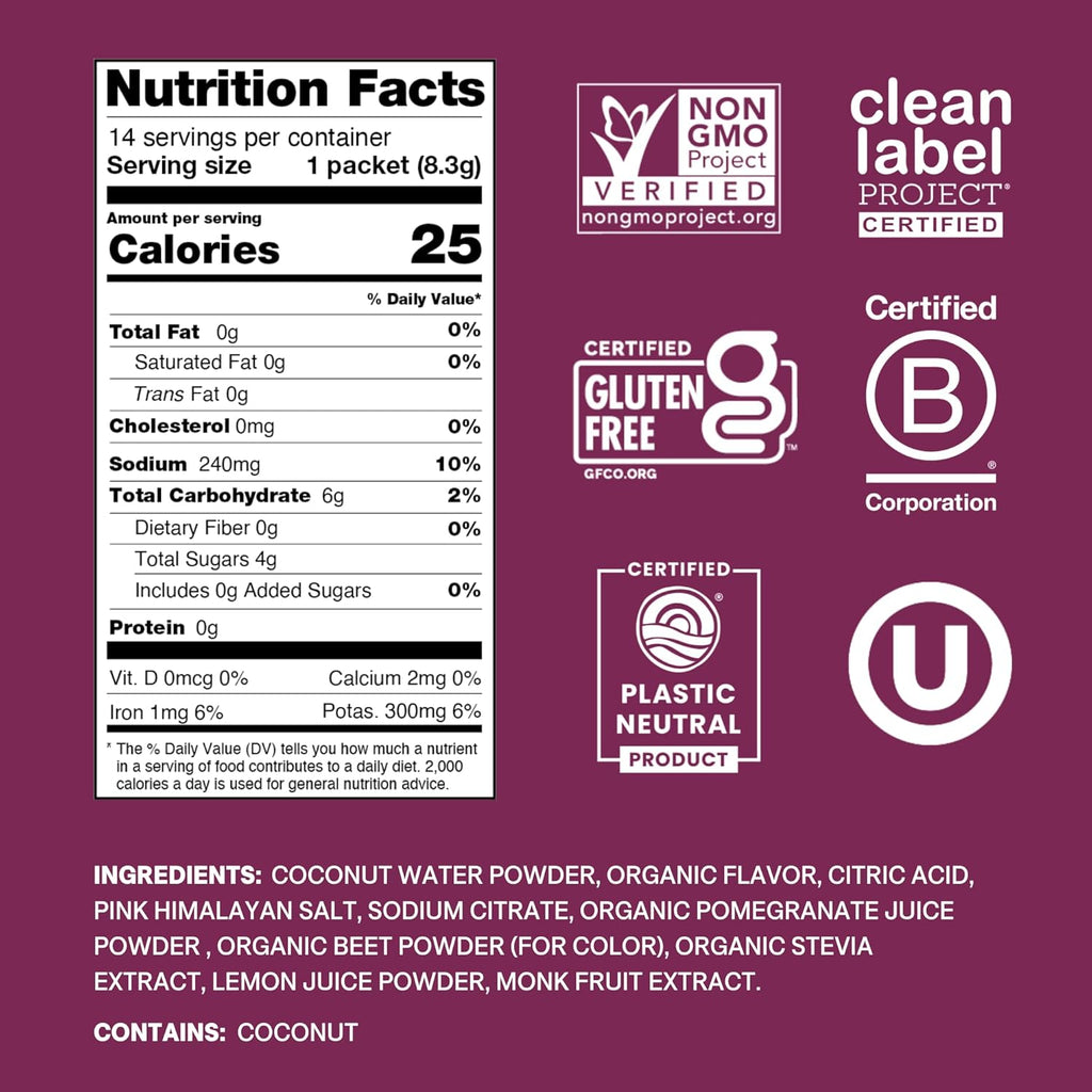 Cure Hydration | Plant-Based Electrolyte Drink Mix | No Added Sugar | FSA-HSA | Dehydration Relief Powder Made with Coconut Water | Non-GMO | Vegan | Pouch of 14 Packets - Berry Pomegranate
