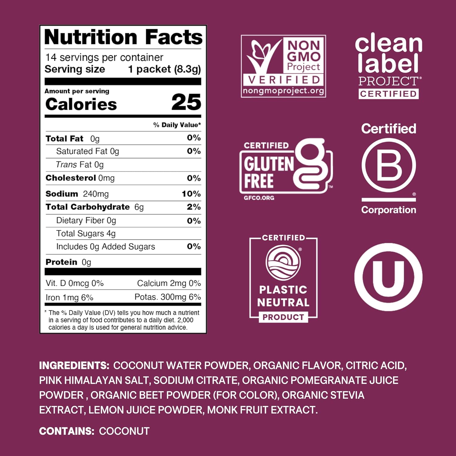 Cure Hydration | Plant-Based Electrolyte Drink Mix | No Added Sugar | FSA-HSA | Dehydration Relief Powder Made with Coconut Water | Non-GMO | Vegan | Pouch of 14 Packets - Berry Pomegranate