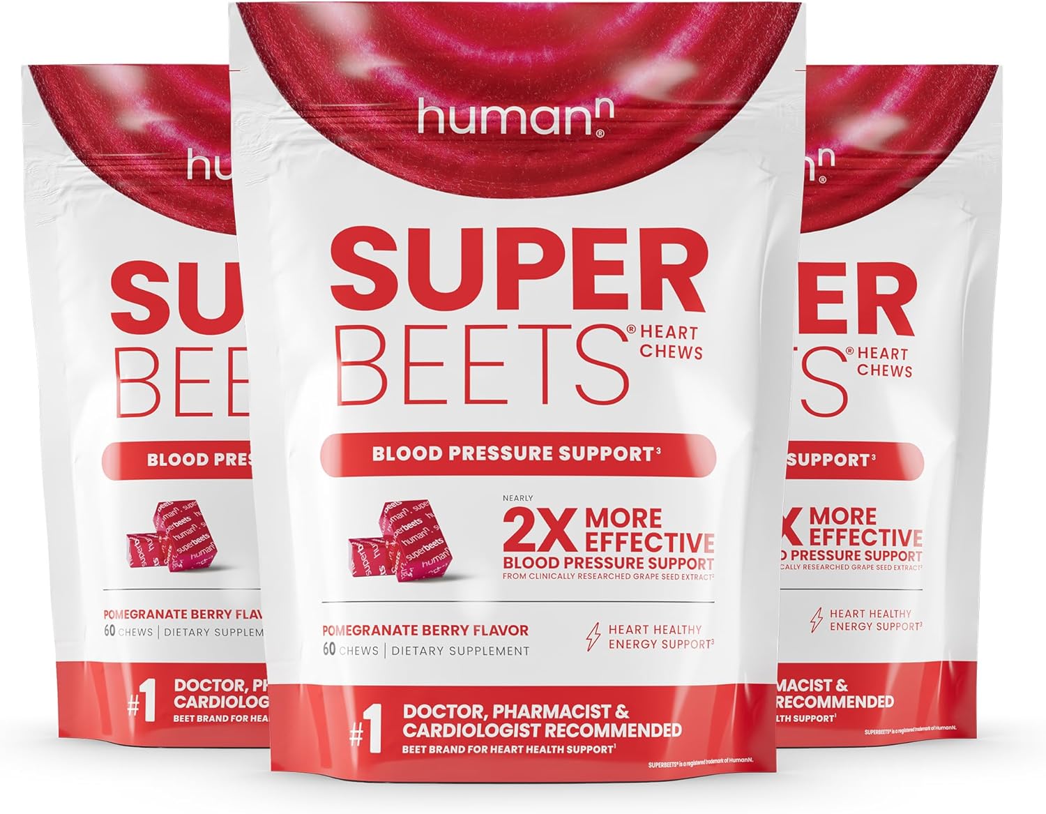 HumanN SuperBeets Heart Chews, Nitric Oxide and Blood Pressure Support, Grape Seed Extract & Non-GMO Beet Root Powder Energy, Pomegranate Berry Flavor, 180 Count