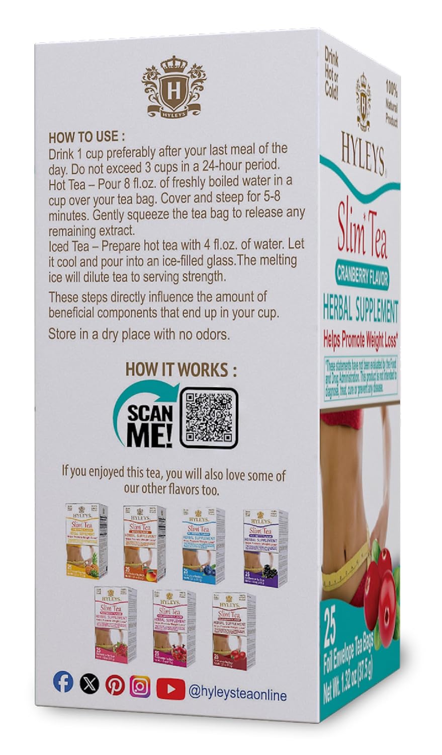 Hyleys Slim Tea Cranberry Flavor - Weight Loss Herbal Supplement Cleanse and Detox - 25 Tea Bags (1 Pack)