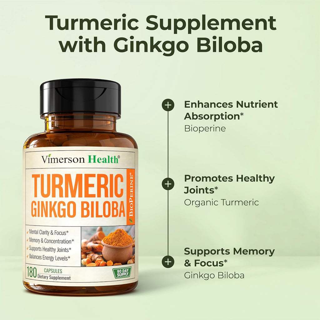 Turmeric Curcumin Supplement with Ginkgo Biloba & Black Pepper – Natural Turmeric Supplement with Organic Tumeric for Joint Support, Brain Clarity, Focus & Memory – Vegan, 180 Ginko Biloba Capsules