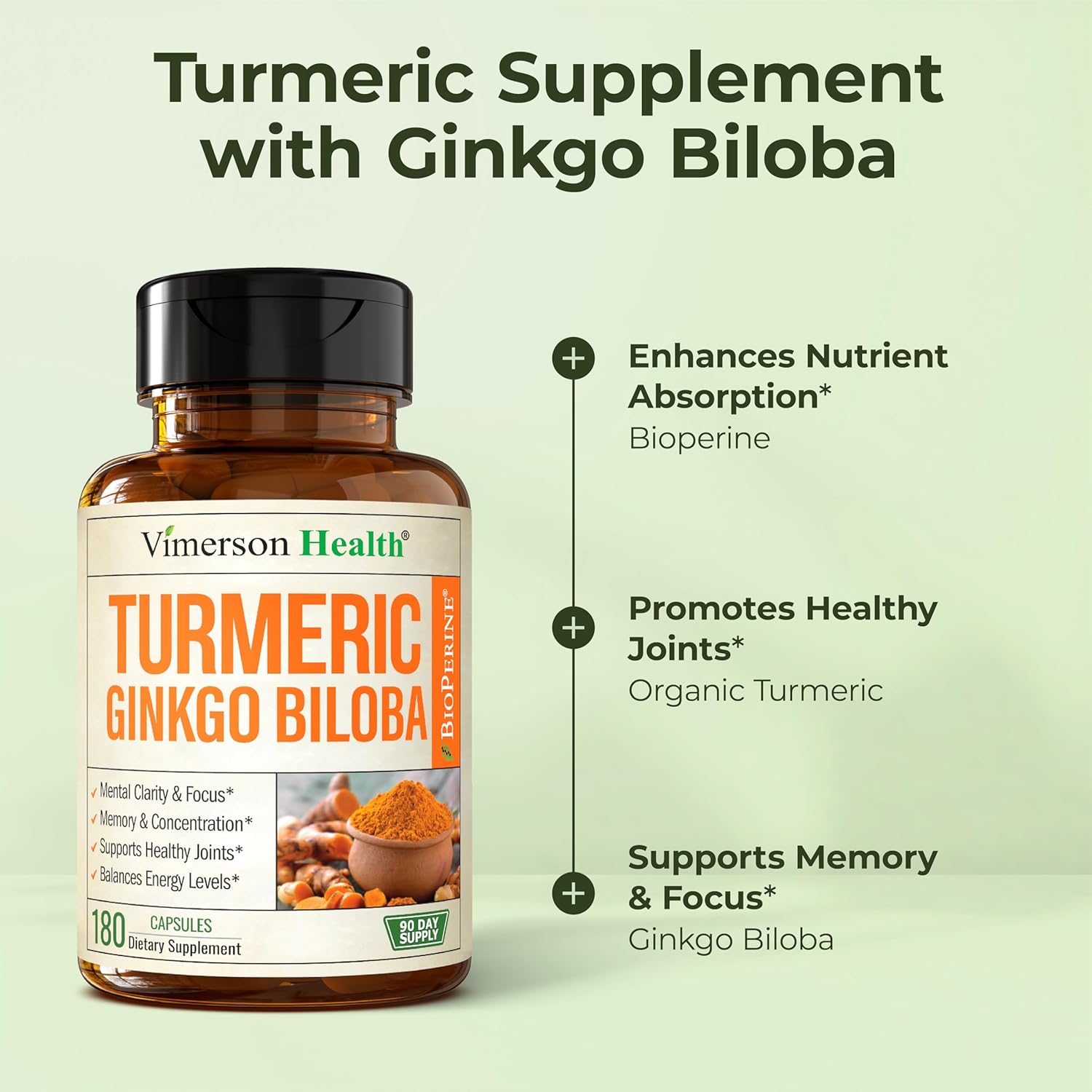 Turmeric Curcumin Supplement with Ginkgo Biloba & Black Pepper – Natural Turmeric Supplement with Organic Tumeric for Joint Support, Brain Clarity, Focus & Memory – Vegan, 180 Ginko Biloba Capsules
