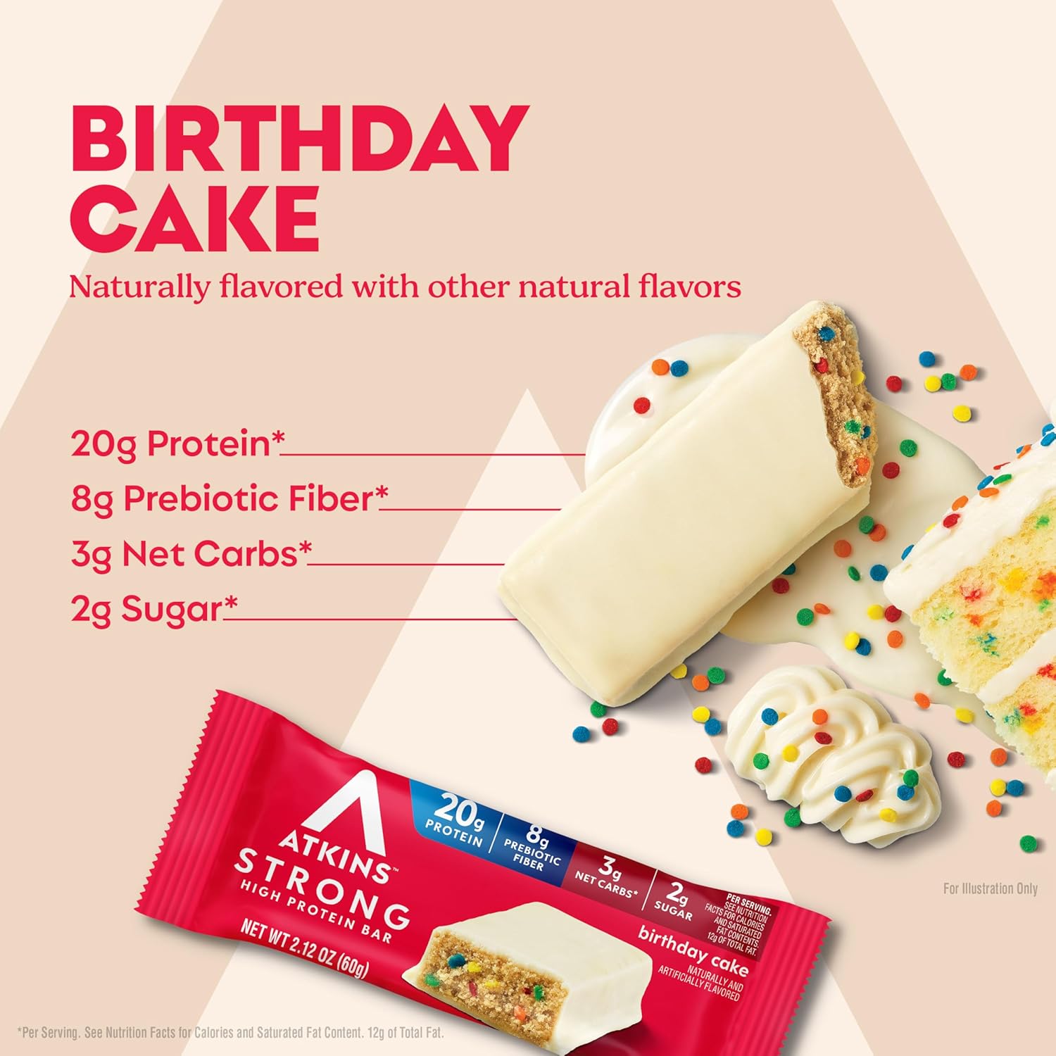 Atkins Strong Birthday Cake High Protein Bars, 20g Protein, 2g Sugar, 4 Count (Pack of 6)
