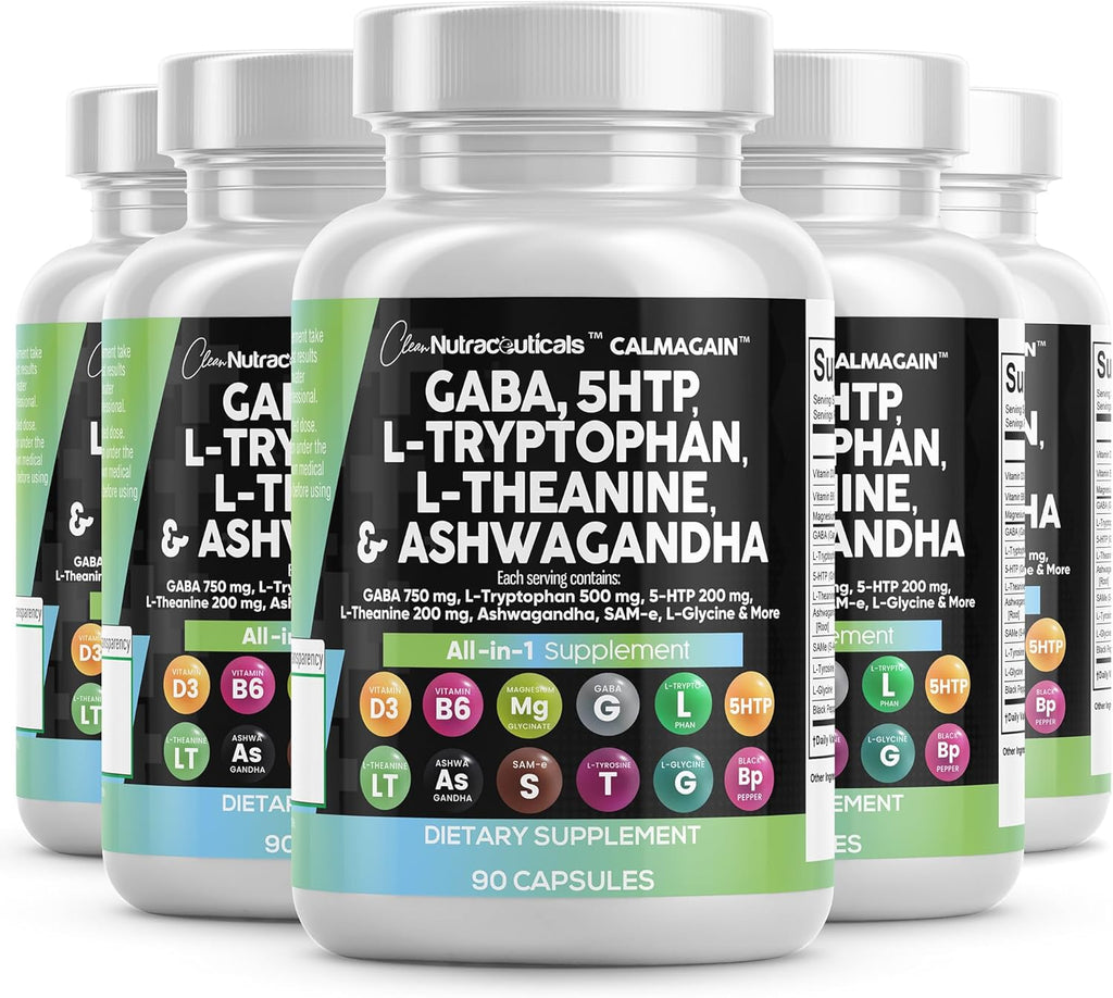 Clean Nutraceuticals GABA 750mg 5 HTP 200mg L Tryptophan 500mg L Theanine 200mg Ashwagandha SAM-e L-Glycine - Mood Support Vitamins for Women and Men with L-Tyrosine (90 Count (Pack of 5))