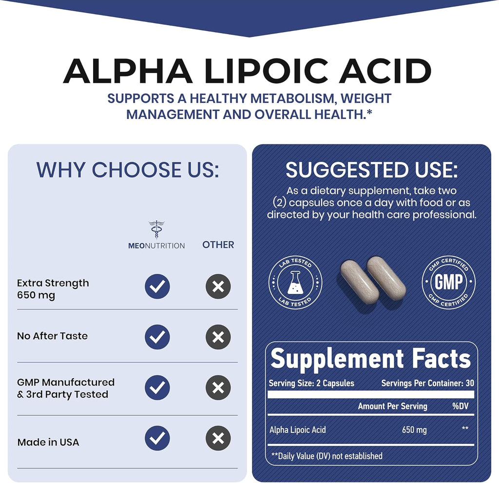 Alpha Lipoic Acid 650mg – 60 Capsules | Non-GMO, Gluten-Free, GMP Certified | Supports Antioxidant Health & Metabolic Wellness | Made in USA
