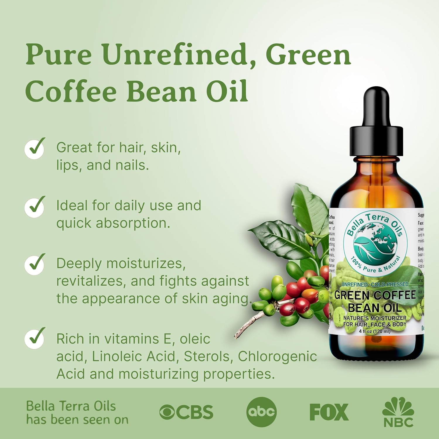 Bella Terra Oils - Green Coffee Bean Oil 2 oz - Packed with Chlorogenic Acid & Ferulic Acid, Abundant Essential Fatty Acids, Pure Coffee Bean Extract Essence