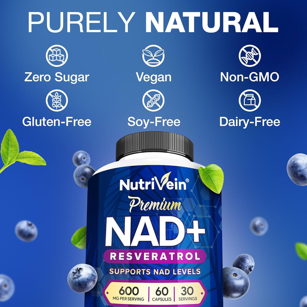 Nutrivein Premium NAD + Resveratrol Supplement 600 mg - 30 Servings (60 Capsules): Powerful Synergistic NAD Resveratrol Supplement - Aging, Cognition, Metabolism, & Overall Well-Being