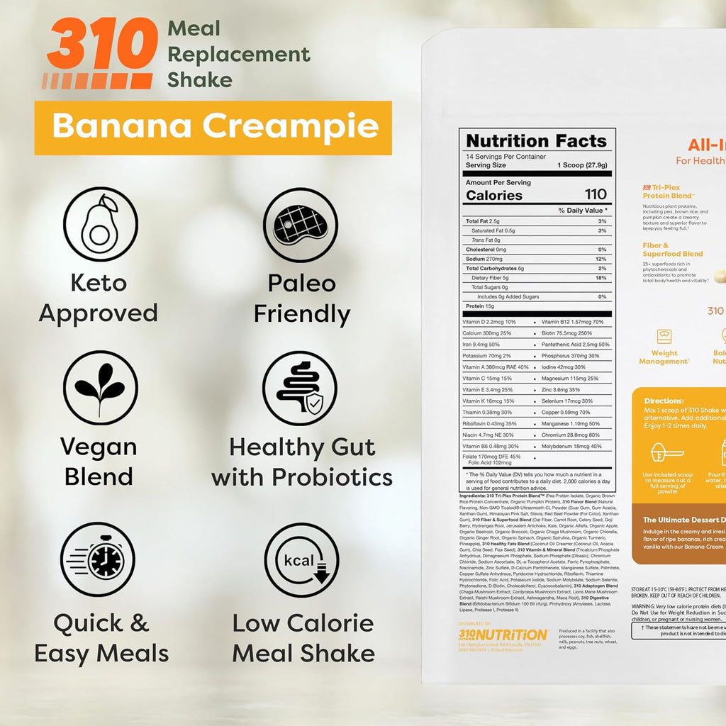 310 Nutrition All-in-One Plant-Based Meal Replacement Shake - High-Fiber Protein with Probiotics, Digestive Enzymes & Adaptogens - Vegan, Low Carb, Keto-Friendly Superfood Blend - Banana Cream Pie - 14 Servings