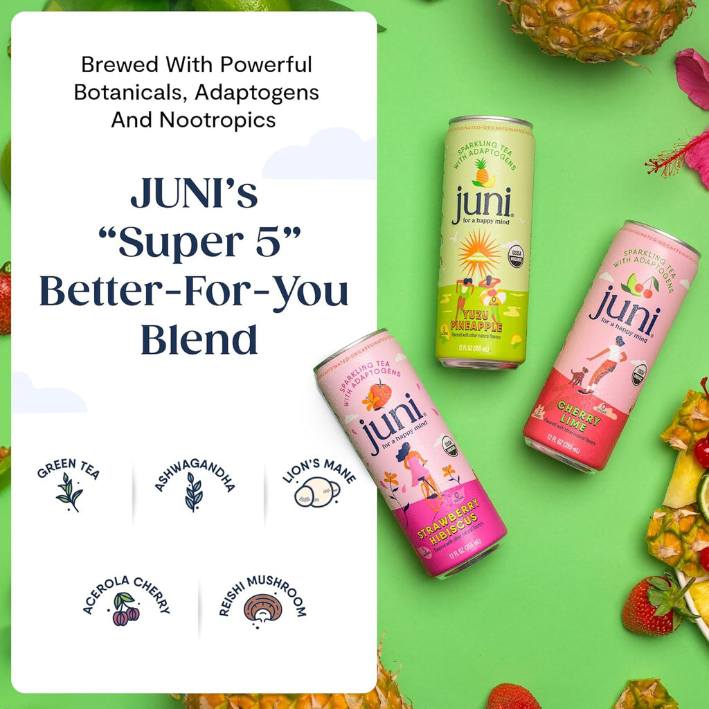 Juni Sparkling Adaptogen Drink with Ashwagandha, Lion’s Mane & Reishi Mushrooms | Green Tea for Focus, Zero Sugar, 5 Calories | Decaffeinated, Non Alcoholic Drinks - Strawberry Hibiscus 12 pack