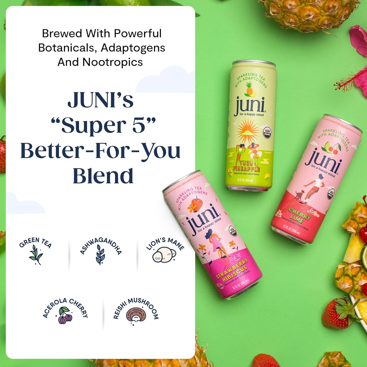 Juni Sparkling Adaptogen Drink with Ashwagandha, Lion’s Mane & Reishi Mushrooms | Green Tea for Focus, Zero Sugar, 5 Calories | Decaffeinated, Non Alcoholic Drinks - Strawberry Hibiscus 12 pack