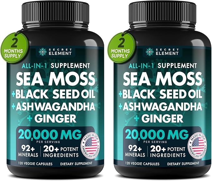 Secret Element Irish Sea Moss Black Seed Oil Ashwagandha Ginger, 20,000mg Capsules, Seamoss Black Seed Oil Ashwagandha Burdock Root, All in One Supplement, 120 Capsules, Pack of 2