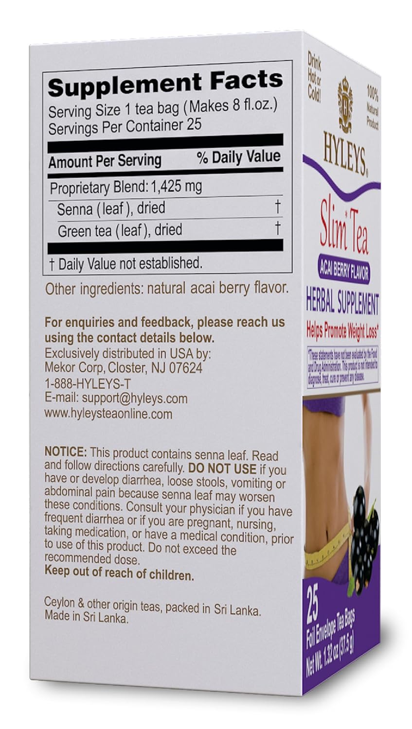 HYLEYS Slim Tea Acai Berry Flavor - Weight Loss Herbal Supplement Cleanse and Detox - 25 Tea Bags (1 Pack)