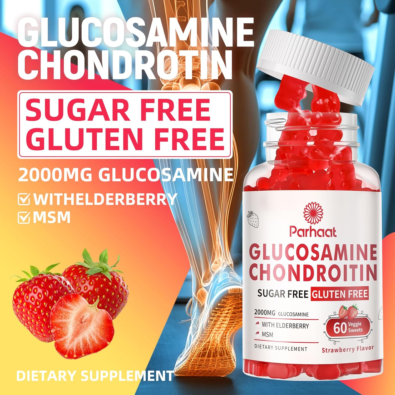 Glucosamine Chondroitin Gummies with MSM & Elderberry Extra Strength - Joint Support, Antioxidant Immune Support Supplement for Adults, Men & Women.Strawberry