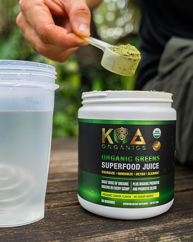 Greens Superfood Juice Powder - USDA Organic Super Greens Powder with with Spirulina, Chlorella, Matcha, Wheat Grass, Digestive Enzymes & Probiotics - Lemon Flavor -30 ServQ