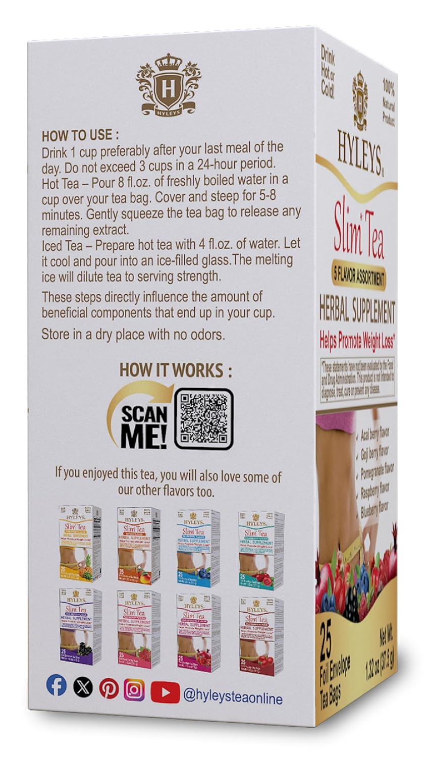 Hyleys Slim Tea 5 Flavor Assortment - Weight Loss Herbal Supplement Cleanse and Detox - 25 Tea Bags (12 Pack)