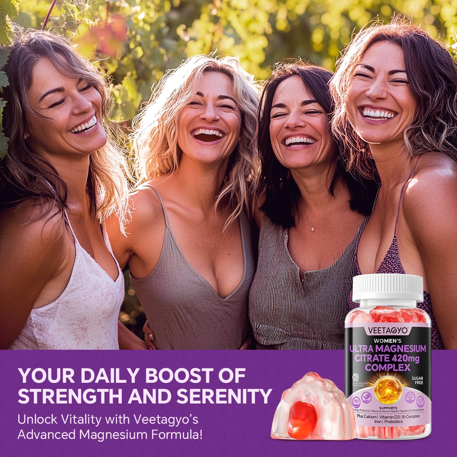 Magnesium Citrate Gummies 420mg for Adult - Dual Layer - w/10 Billion CFU - 5 Strains Probiotics & Calcium, D3, Biotin, Iron, B6, B12, Folate, Support for Bone, Nerve, Relaxation, Muscle - Vegan 60Cts