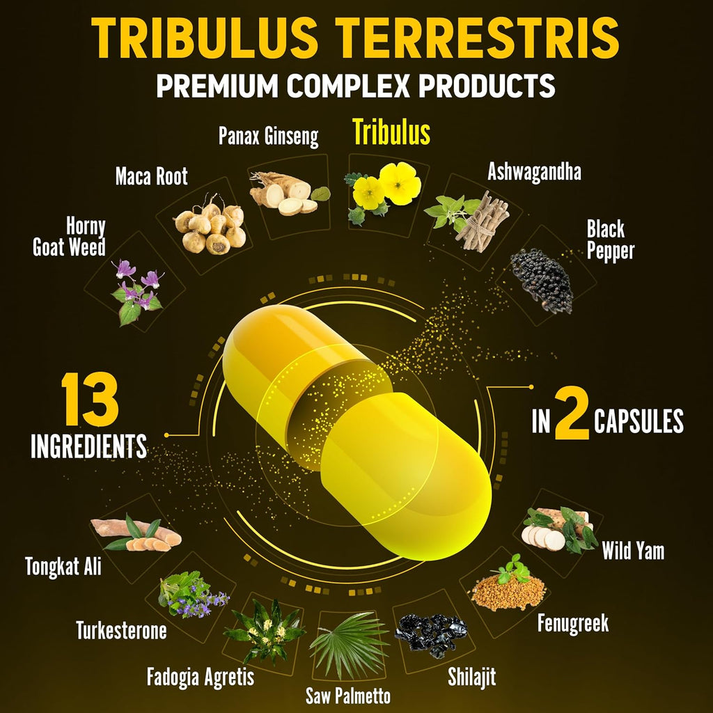 Zolotus 13in1 Tribulus Terrestris Capsules with Maca, Horny Goat Weed, Panax Ginseng, Saw Palmetto, Tongkat Ali, Shilajit & More - Energy, Stamina Supplement for Men & Women - 120 Counts