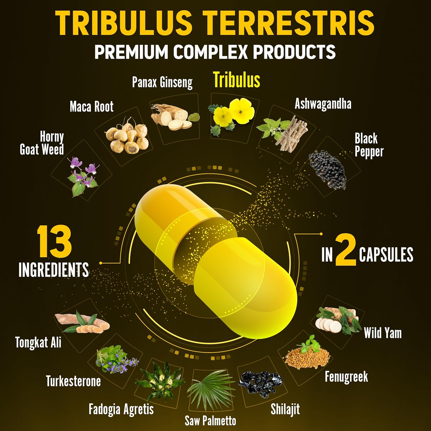 Zolotus 13in1 Tribulus Terrestris Capsules with Maca, Horny Goat Weed, Panax Ginseng, Saw Palmetto, Tongkat Ali, Shilajit & More - Energy, Stamina Supplement for Men & Women - 120 Counts