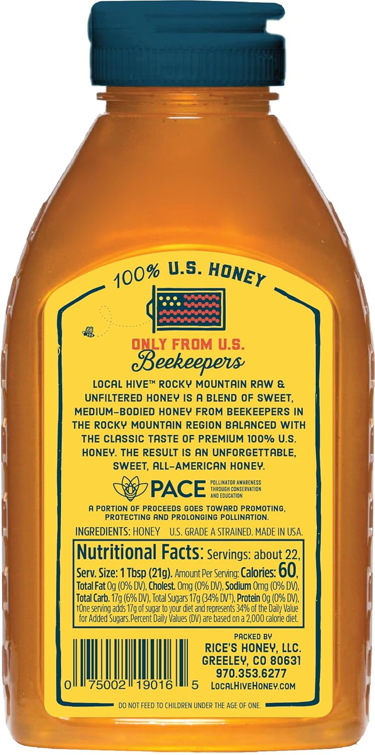 Local Hive Rocky Mountain Raw & Unfiltered – 16 oz | 100% Pure U.S. Honey | Natural Sweetener Sourced from American Bees & Beekeepers | Medium-Bodied Regional Flavor | Ideal for Tea, Baking & Cooking