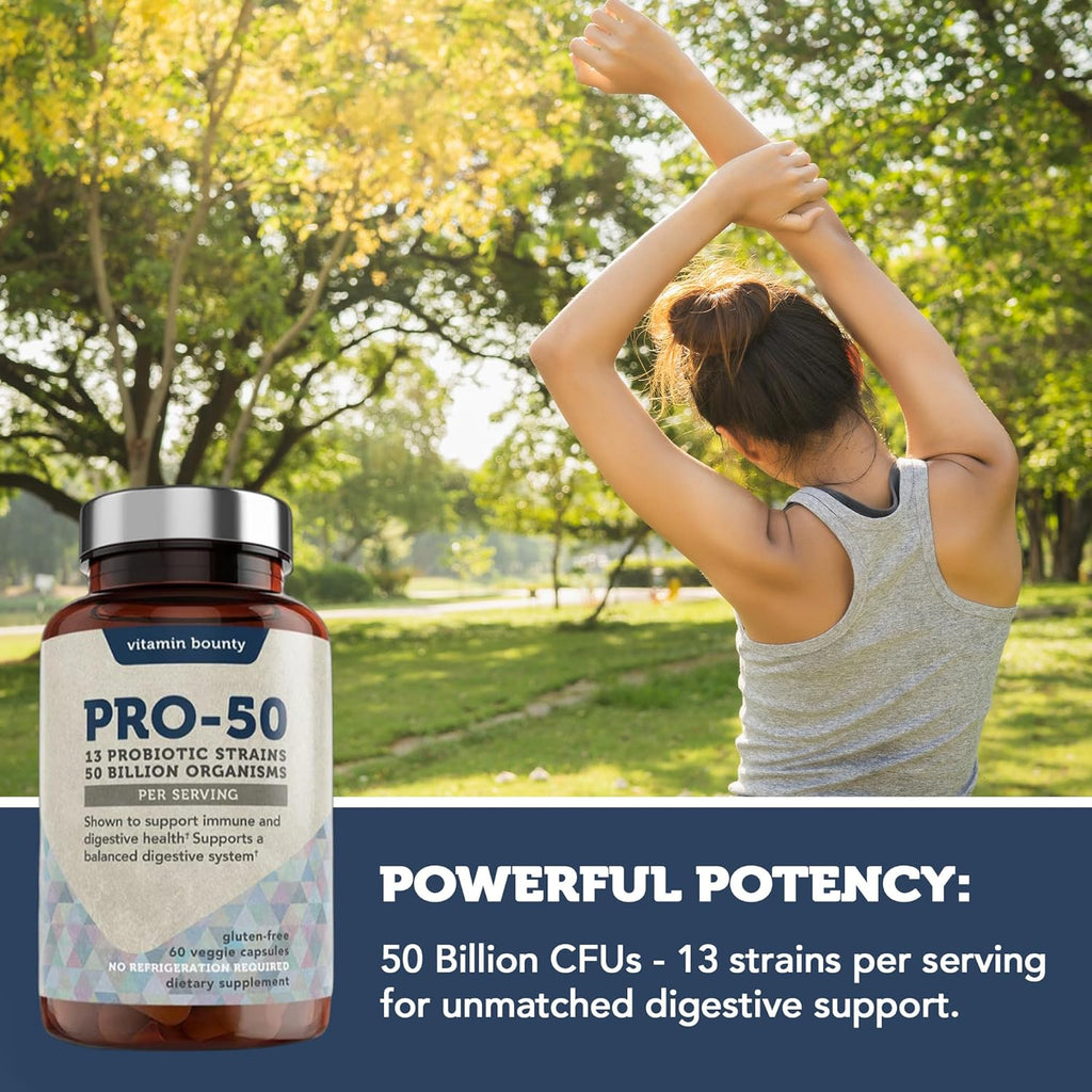 Vitamin Bounty Pro-50 Probiotic 50 Billion CFU - 13 Strain Supplement for Men & Women + Prebiotics - Digestive Health & Gut Support - Lactobacillus & Bifidobacterium - Delayed Release Capsules, 2 Pack