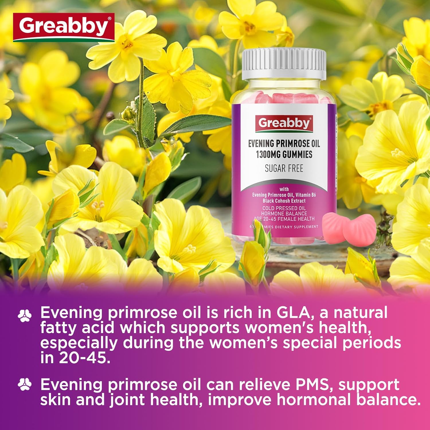 Evening Primrose Oil Gummies 1300mg with Black Cohosh & Vitamin B6, Sugar-Free, PMS Relief Supplements for Women 20-45, Chewable PMS Gummies, Strawberry Flavor, Vegan, Pectin, 60 Count
