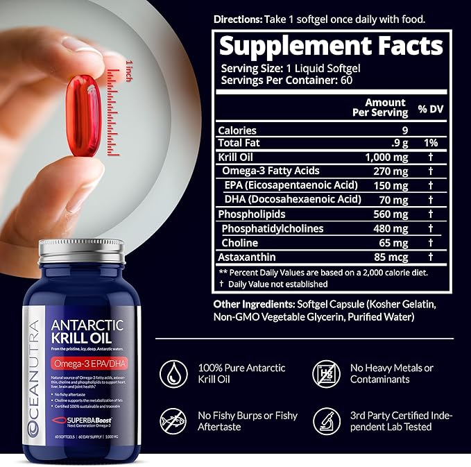 100% Pure Organic Krill Oil 1000mg, 180-Day Supply, Omega 3, Highest Concentration 56% Phospholipids, Wild Caught, Sustainable Antarctic SuperbaBoost, Astaxanthin,Omega xl,Heart, Skin Care,No Fish Oil