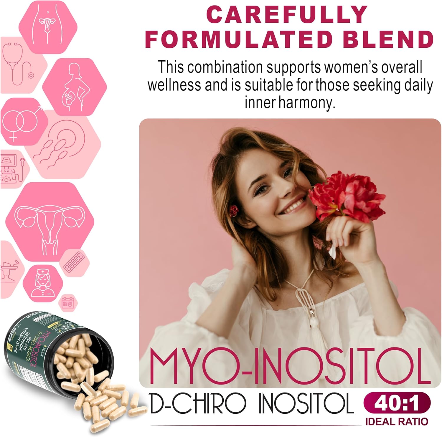 6in1 Premium 40:1 Myo-Inositol & D-Chiro Inositol Supplement for Women with Folate, Berberine HCl 97%, Vitamin D3 & K2 - Hormonal Balance & Ovarian Health Support- 120 Vegan Capsules