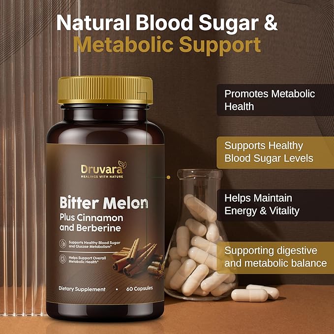 Bitter Melon Capsules with Berberine & Cinnamon, Sugar Balance, Metabolic Health & Steady Energy, with Extra Strength Bitter Melon Extract, Clean Formula, 60 Capsules