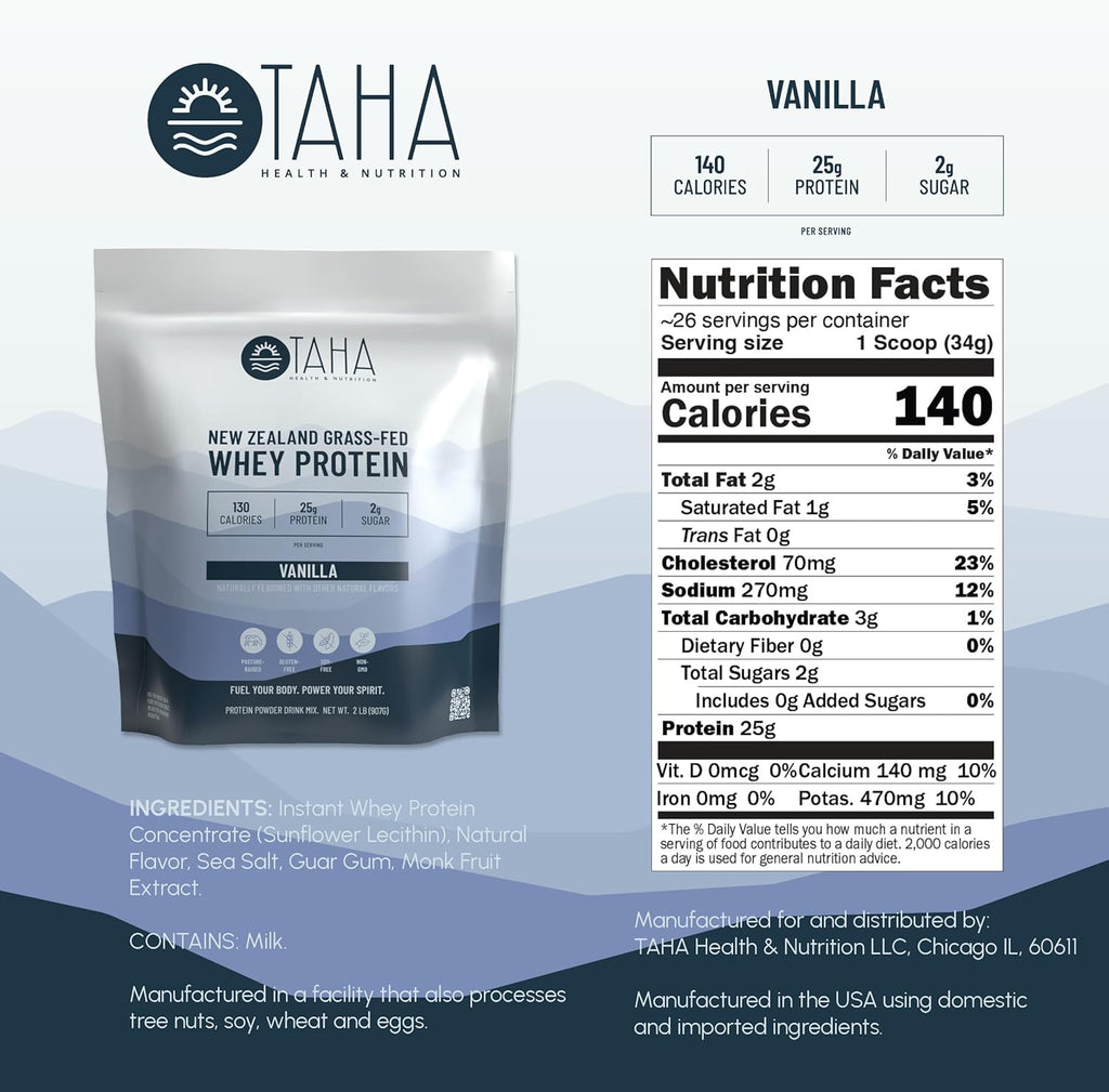 Taha Health & Nutrition Vanilla Flavored Whey Protein Concentrate Powder, 25g Protein, 140 Calories, 2g Sugar | New Zealand Grass-Fed, Free-Range Dairy | Gluten and Soy Free, Keto, Kosher | 2LB