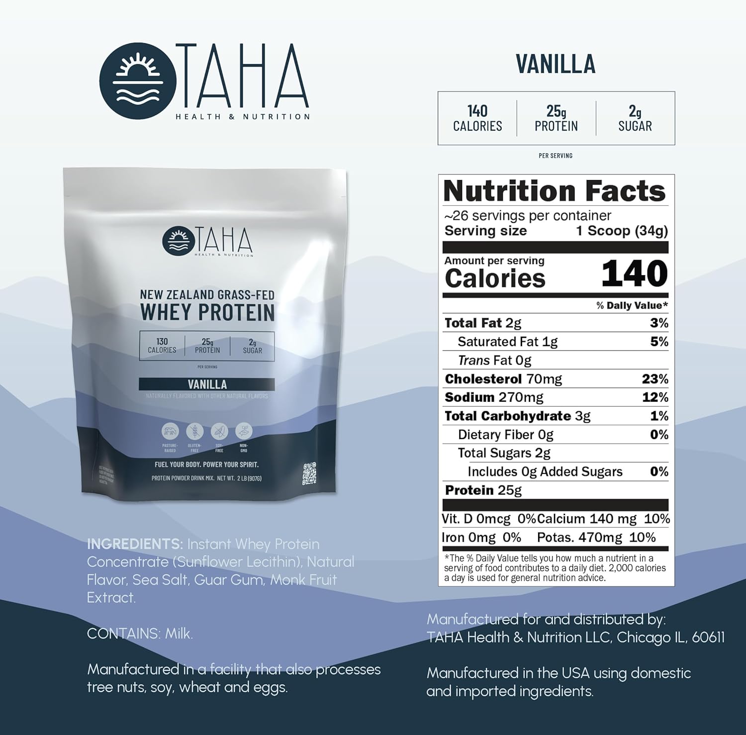 Taha Health & Nutrition Vanilla Flavored Whey Protein Concentrate Powder, 25g Protein, 140 Calories, 2g Sugar | New Zealand Grass-Fed, Free-Range Dairy | Gluten and Soy Free, Keto, Kosher | 2LB