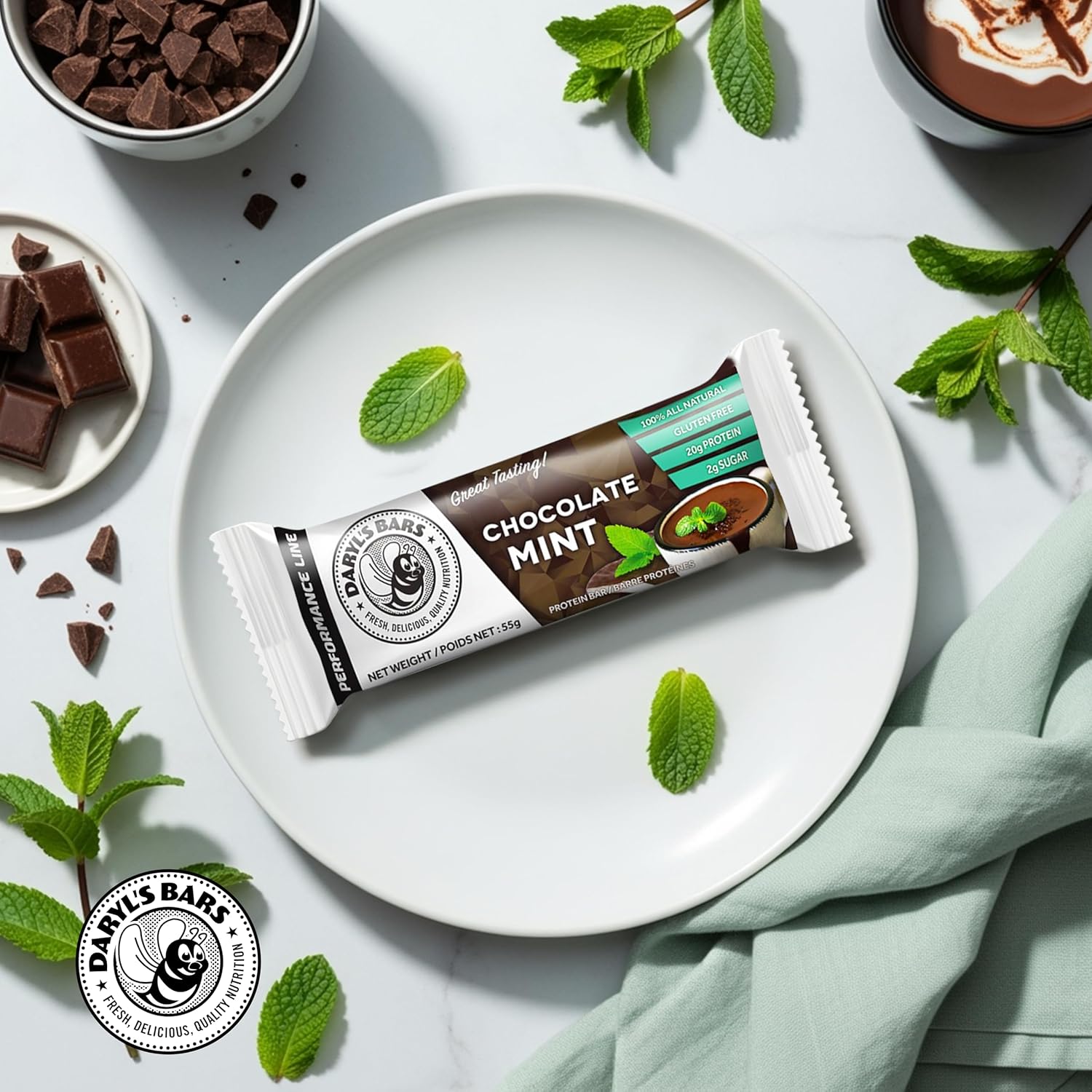 Daryl's Bars, Chocolate Mint On the Go Whey Protein Bars, Gluten Free, Low Sugar, 20gr of Protein Snack, Meal Replacement, Pack of 1