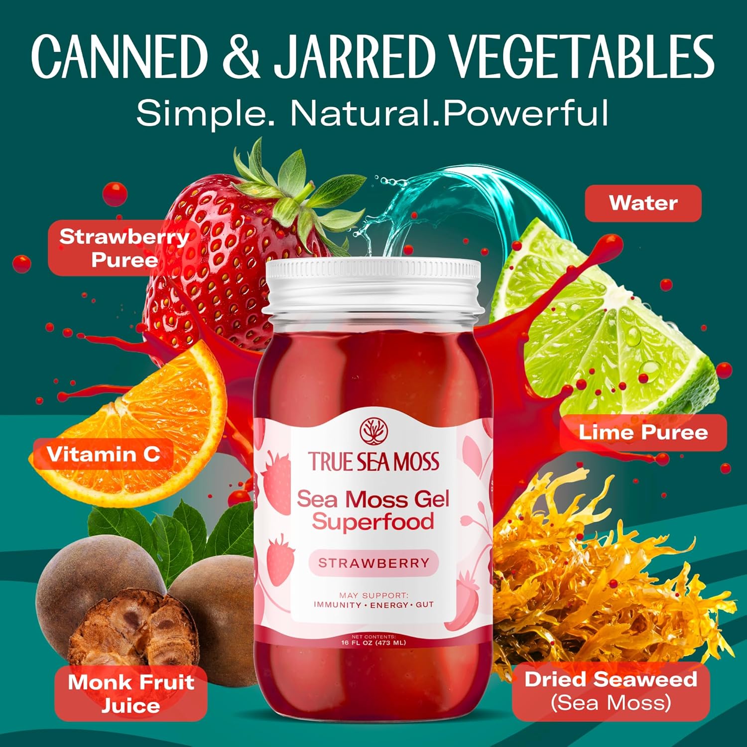 TrueSeaMoss Sea Moss Gel – Made in USA – Wildcrafted Seamoss, Fruits & Jarred Vegetables – Strawberry, Pack of 1 (Labels may Vary)