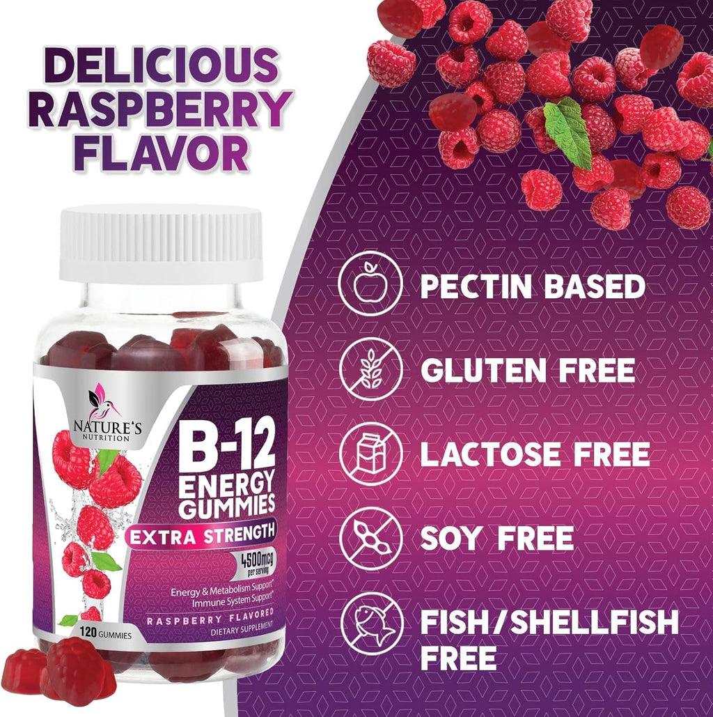 B-12 Vitamin Energy Gummies - 4500mcg Extra Strength B12 Gummy Chewables for Energy Metabolism & Immune Support - Dietary Supplement for Women, Men, & Kids - Non-GMO, Vegan, Berry Flavor - 120 Count