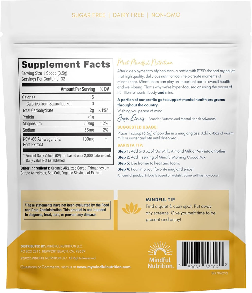 Mindful Morning Sugar Free Hot Chocolate Mix with Organic Ashwagandha and Magnesium Supplements to Relax the Mood and Calm the Mind, Natural Stress Relief Supplement Hot Cocoa