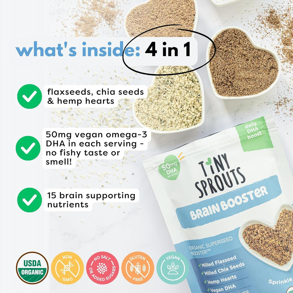 Superseed Organic Milled Chia, Flaxseed and Hemp Heart Brain Booster with Vegan Omega-3 DHA S Prebiotic Fiber Protein Gluten Free Seeds for 6M+ Babies Toddlers & Kids (7oz x 2 Pack)