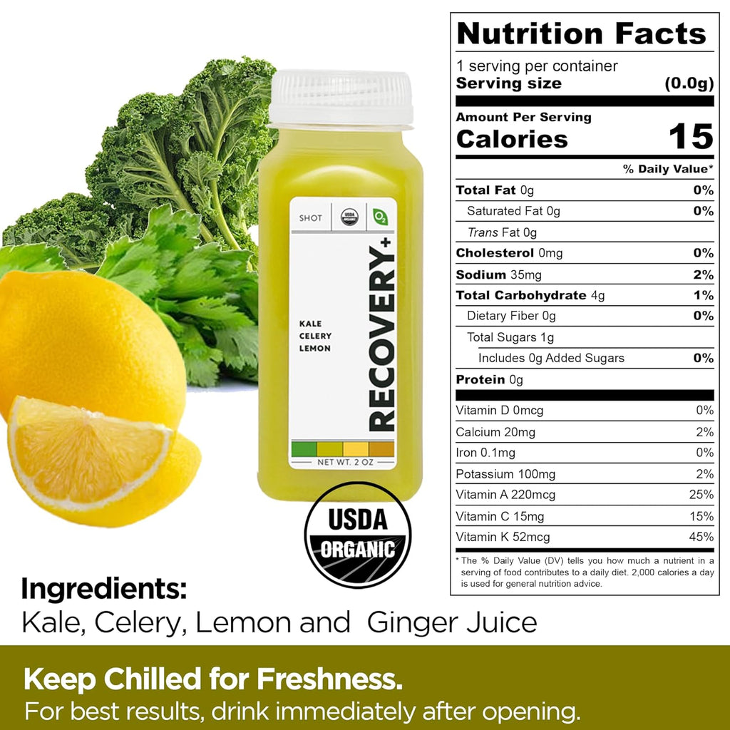O2 Living Recovery Booster Juice Shots - 2oz, 12 Pack - Organic Cold-Pressed Juice Shots, No Added Sugars or Water, Naturally Sweetened from Fruits, Fresh Pressed, Packed with Nutrients and Vitamins