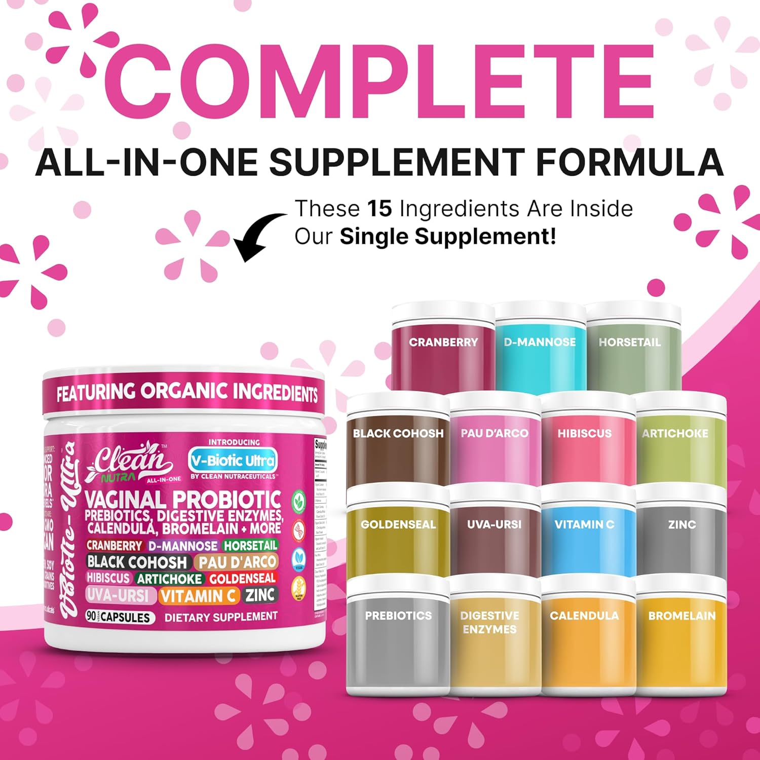 Clean Nutra Vaginal Probiotics for Women + Prebiotics Digestive Enzymes Bromelain Cranberry D Mannose Horsetail Black Cohosh Artichoke Hibiscus Flowers Probiotic for Digestive Health 90 Vegan Capsules