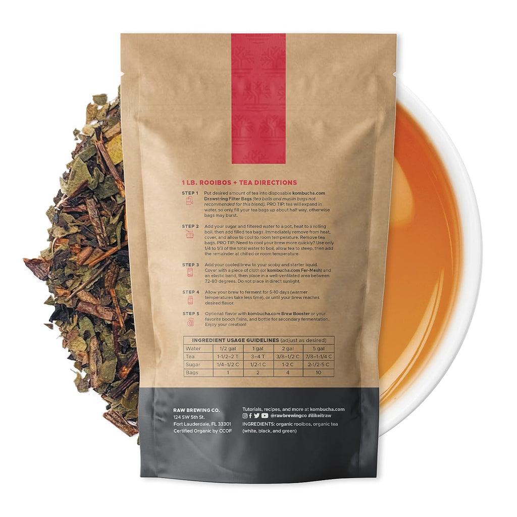 Kombucha.com Certified Organic Loose Leaf Rooibos & Tea - Kombucha Brewing Blends (Rooibos/Black/Green/White Tea Blend, 1 Pound + 100 XL FILTER BAGS) - 30% Rooibos 70% Tea