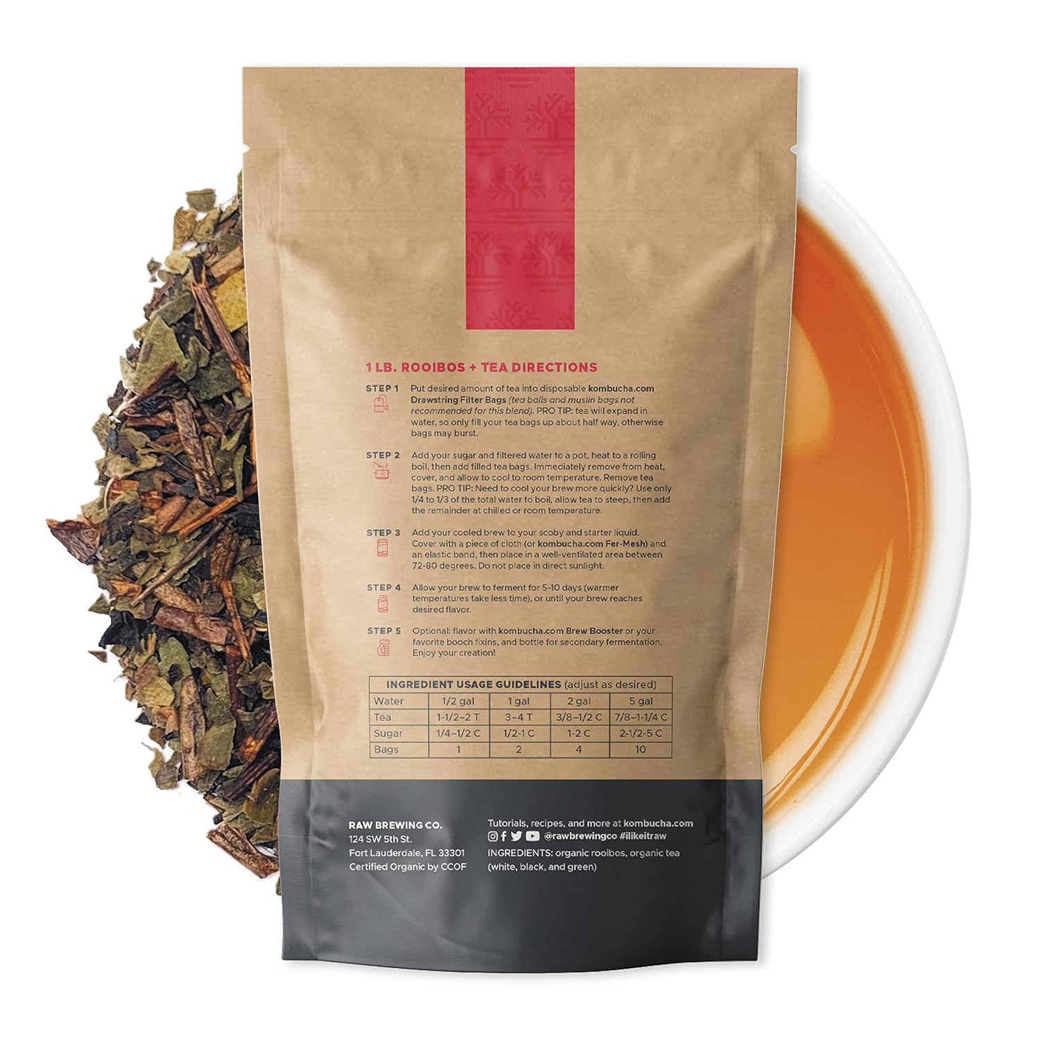 Kombucha.com Certified Organic Loose Leaf Rooibos & Tea - Kombucha Brewing Blends (Rooibos/Black/Green/White Tea Blend, 1 Pound + 100 XL FILTER BAGS) - 30% Rooibos 70% Tea