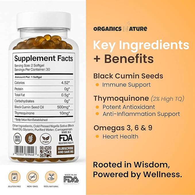 ORGANICS NATURE Black Seed Oil Cold Pressed Capsules - Immunity Support, Black Cumin Seed Oil, High Thymoquinone, Non-GMO & Vegan, Nigella Sativa, Omega 3 6 9, 1000MG Per Serving, 60 Softgels