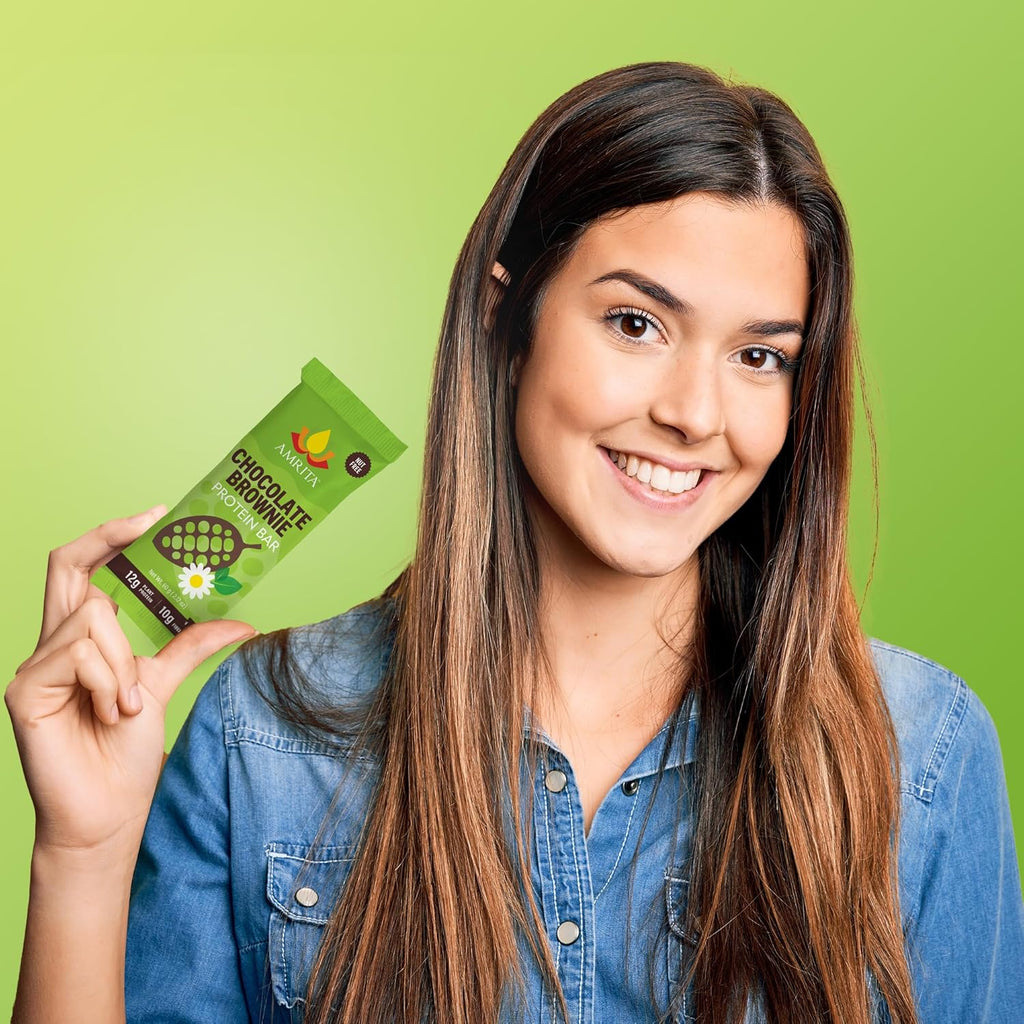 Amrita Nut Free Chocolate Brownie Vegan Protein Bars (12 Count) | 12g Plant-Based Protein Bar | Peanut Free, Gluten Free, and Dairy Free | Low Sugar, High Fiber, Healthy School-Safe Snacks