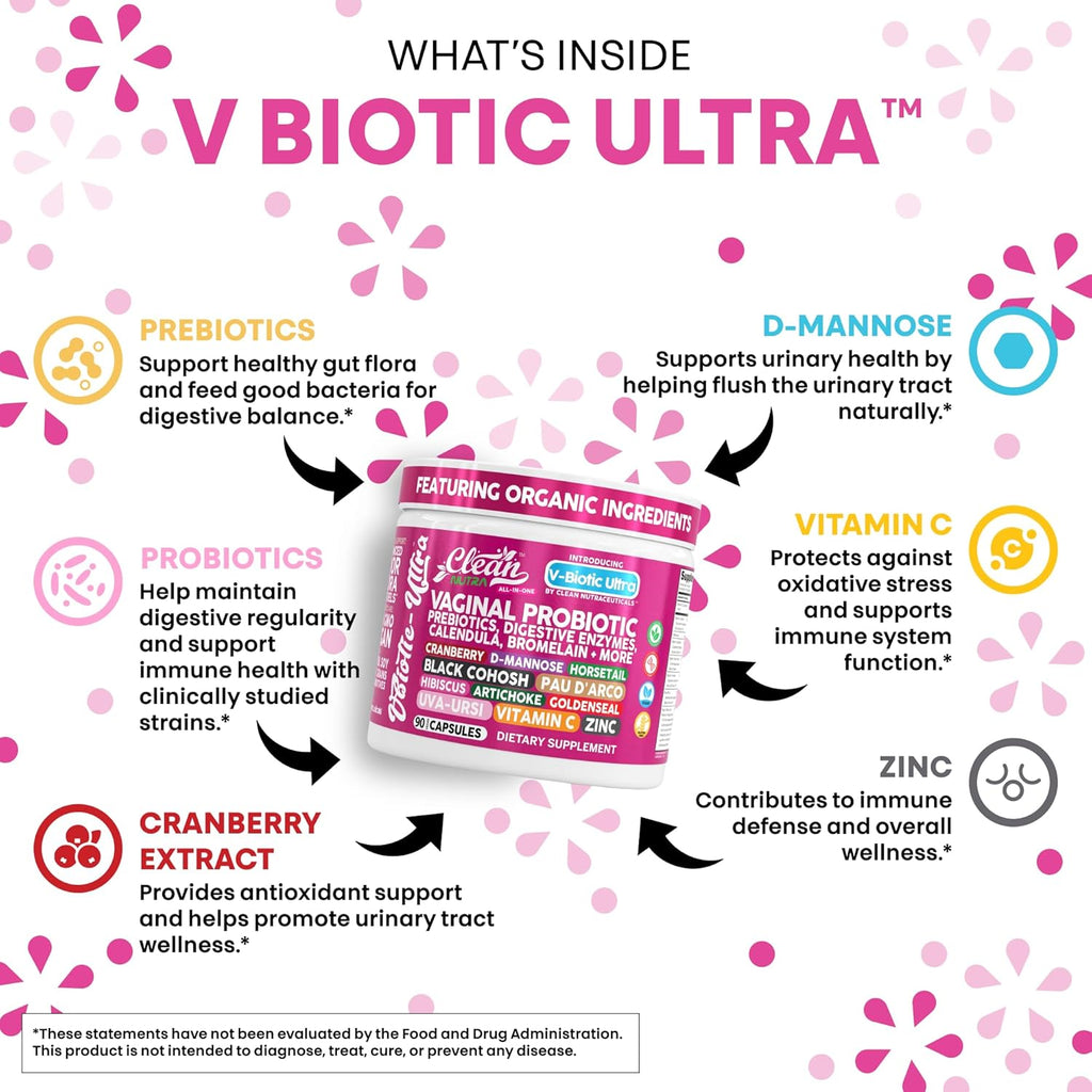 Clean Nutra Vaginal Probiotics for Women + Prebiotics Digestive Enzymes Bromelain Cranberry D Mannose Horsetail Black Cohosh Artichoke Hibiscus Flowers Probiotic for Digestive Health 90 Vegan Capsules
