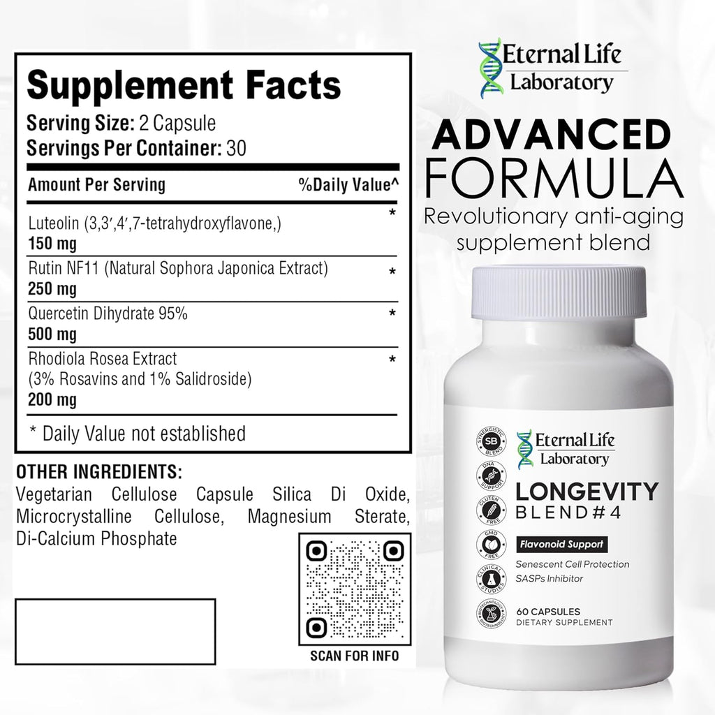 Quercitin, Rhodiola Rosea, Luteolin and Rutin Longevity Blend #4 Anti-Aging Supplement for Cellular Defense with Immunity and Energy Support, Antioxidants
