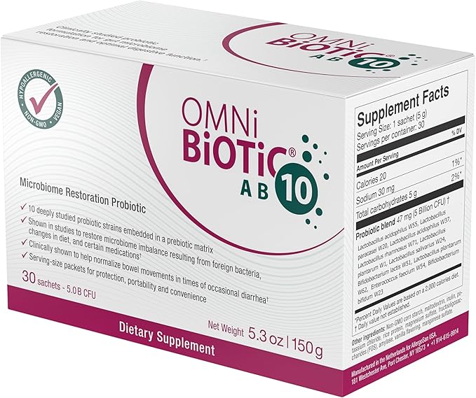 OMNi BiOTiC AB 10 - Clinically Tested Restorative Probiotic - Supports & Restores Gut Flora & Digestion - Digestive Probiotic for Diarrhea - Vegan, Hypoallergenic, Non-GMO (30 Daily Packets)