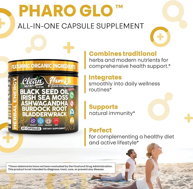 Clean Nutra Black Seed Oil Capsules + Sea Moss Ashwagandha Burdock Root Bladderwrack Seaweed Skin Detox Stress Relief Immune Support Focus Supplement Nigella Sativa 60 Pills