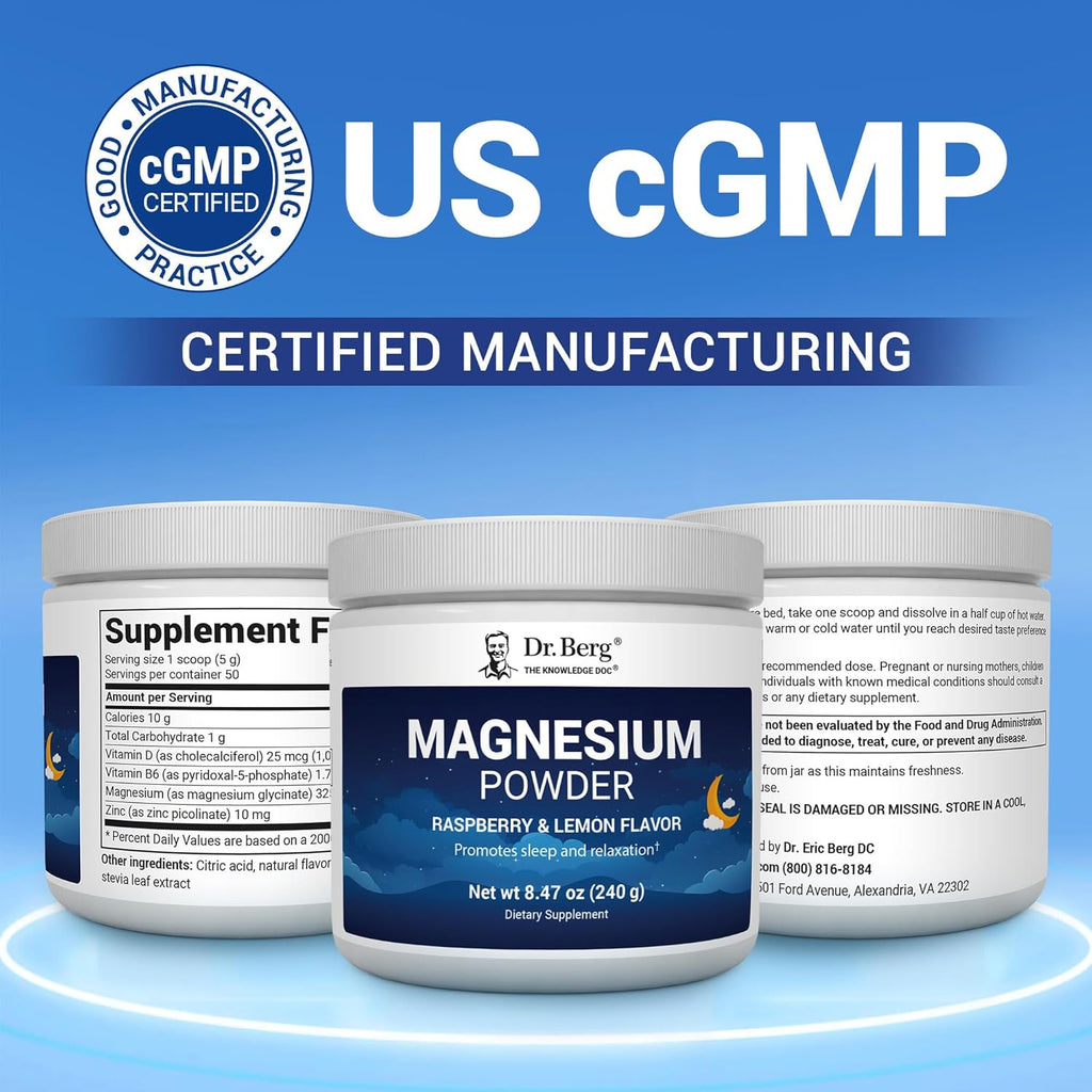 Dr. Berg Magnesium Glycinate Powder for Sleep, Relaxation, & Stress Relief - Now Includes Vitamin D3 & Zinc - Delicious Raspberry & Lemon Flavor (50 Servings) Magnesium Powder - Magnesium Drink Powder