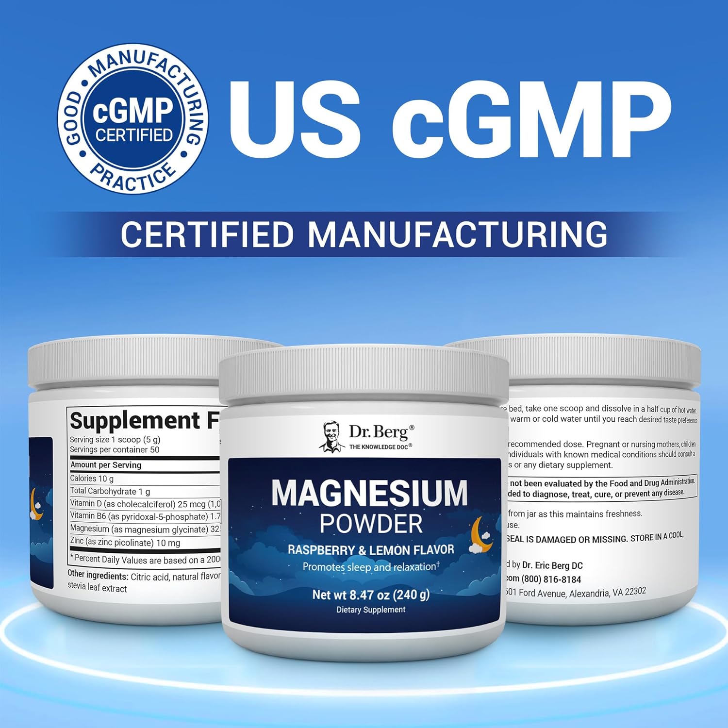 Dr. Berg Magnesium Glycinate Powder for Sleep, Relaxation, & Stress Relief - Now Includes Vitamin D3 & Zinc - Delicious Raspberry & Lemon Flavor (50 Servings) Magnesium Powder - Magnesium Drink Powder